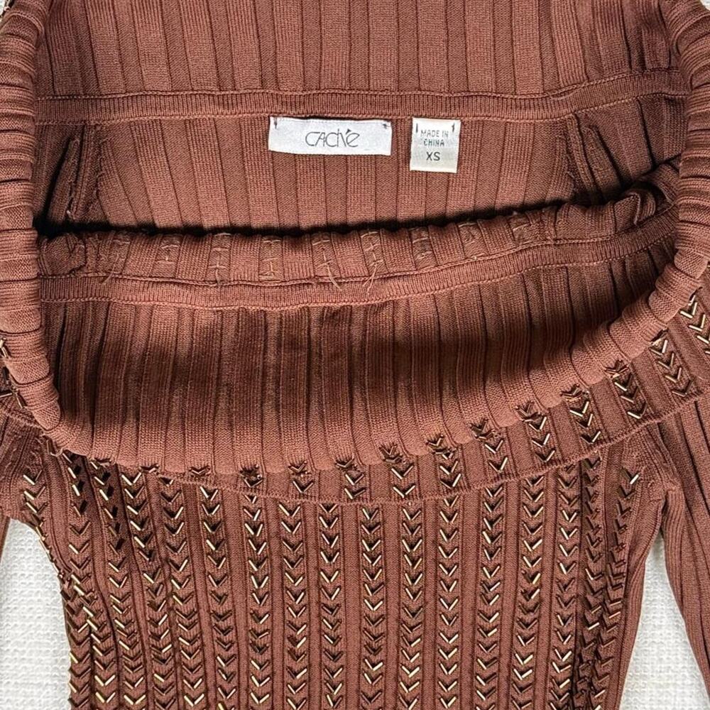 Cache Off Shoulder Ribbed Knit Top Brown Studded Stretch XS Y2K Metallic Trim EU - Picture 2 of 8
